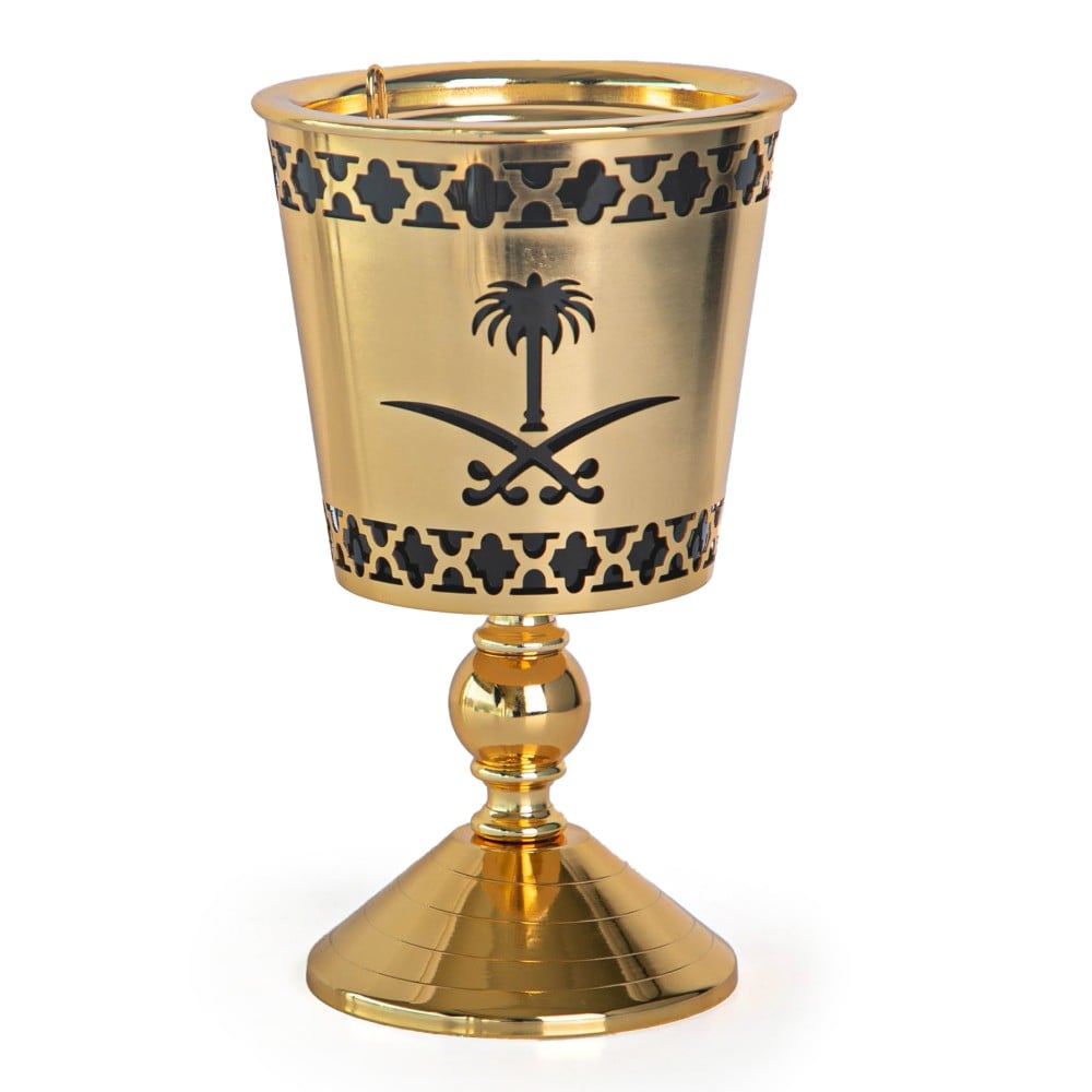 مبخرة التراث الملكي سيفين ونخلة من سوليتير، لون ذهبي أسود،  الإرتفاع 23 سم القطر 16 سم