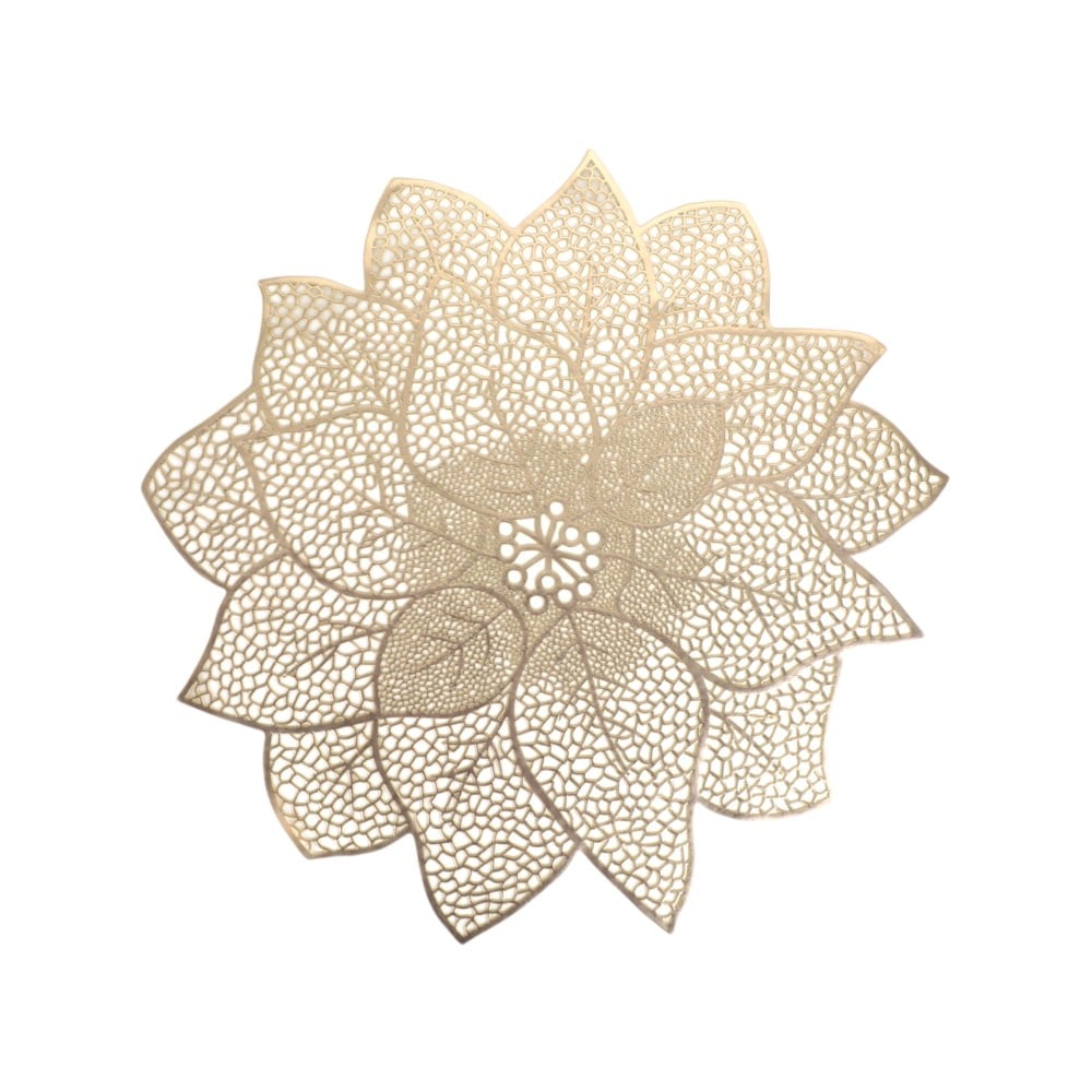 مفرش طاولة بنمط مجوف دائري  على شكل زهرة لون ذهبي مقاس 43 سم