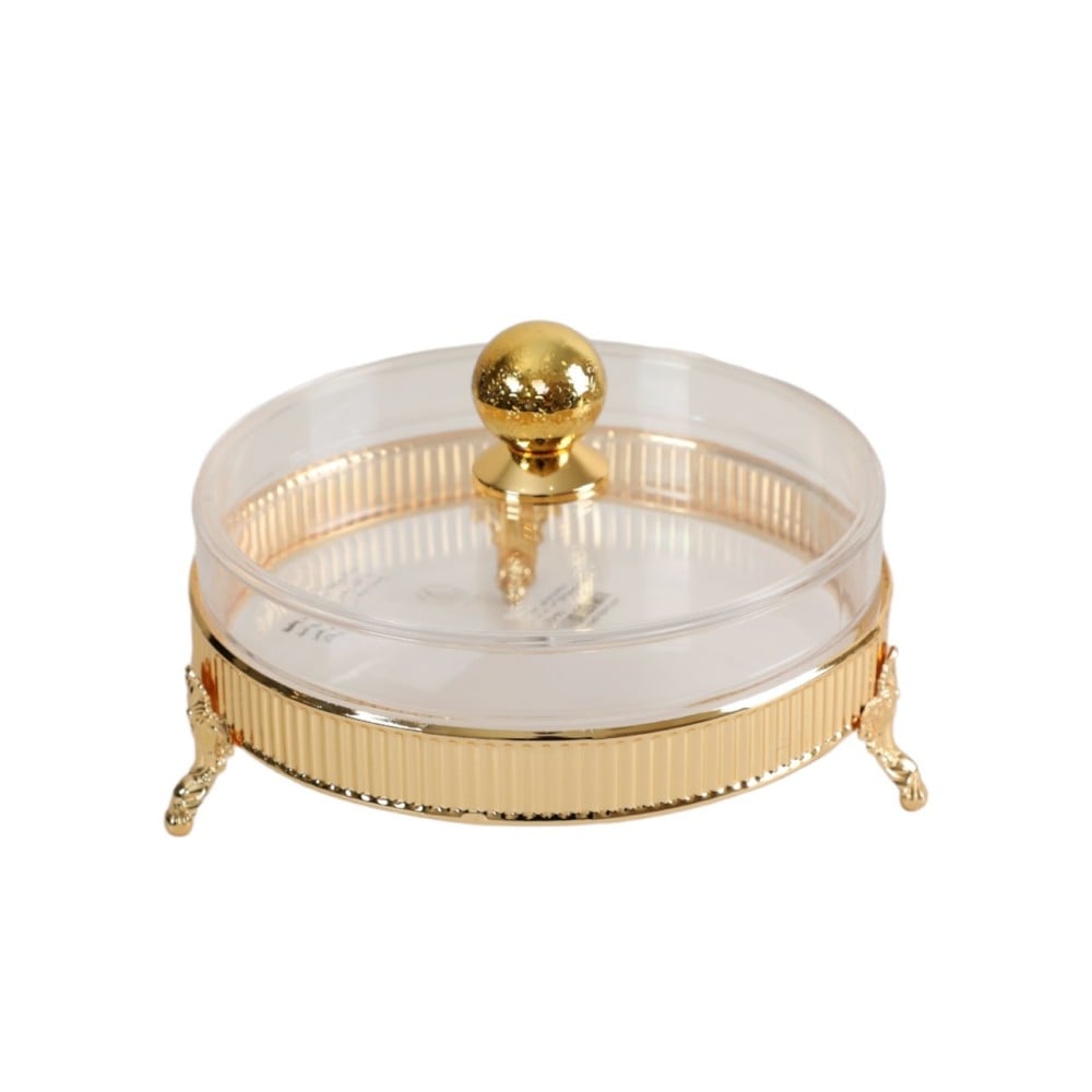 علبة تقديم بغطاء دائري الشكل من سوليتير، القطر 30 سم لون ذهبي حجم كبير