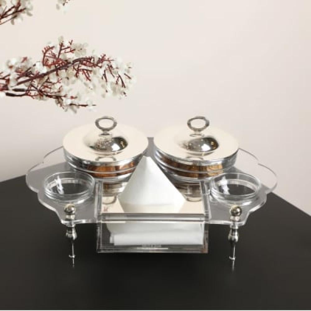 طقم ضيافة فردى من سوليتير , اللون الشفاف و الفضي, يحتوي  على 4 أوعية زجاجية وحامل للمناديل و أغطية , الابعاد 22*30*6 سم