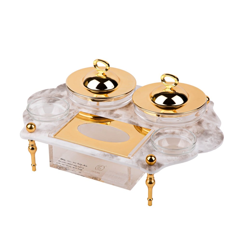 طقم الضيافة فردي لون ذهبي  أبيض من سوليتير , عدد القطع  4 ( أوعية زجاجية وحامل للمناديل و أغطية باللون الذهبي) , الأبعاد  22*30*6 سم