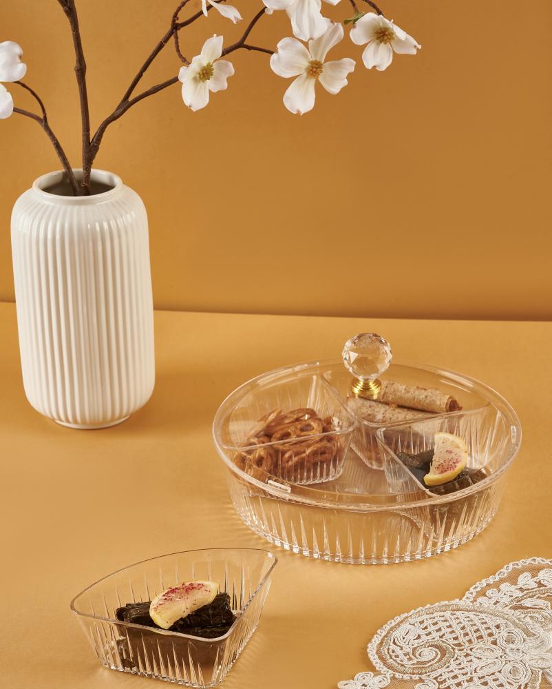 علبة تقديم أكريليك دائري شفاف، القطر 25 سم الطول 13 سم حجم وسط مقسم