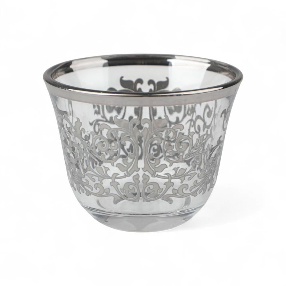 طقم فناجين قهوة فاخرة من سوليتير، لون فضي وشفاف بنقوش فضي، عدد القطع 6 فناجين