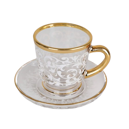 طقم بيالات شاي وصحون فاخرة من سوليتير نقوش بيضاء، حجم صغير عدد القطع  6 بيالات وصحون