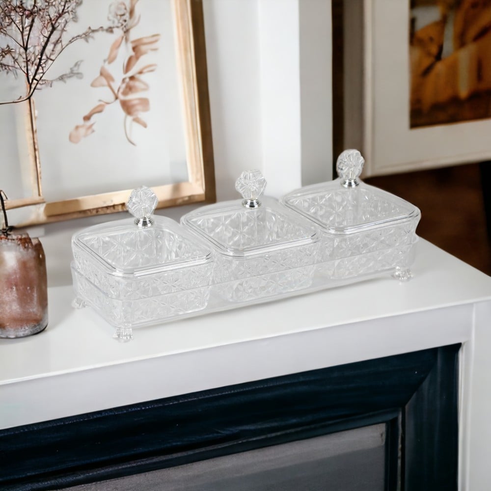 مجموعة تقديم  للمكسرات و  الحلويات  أكريليك من سوليتير ,الشكل مربع , مكون من 3 قطع و حامل, الطول 17سم العرض 27سم