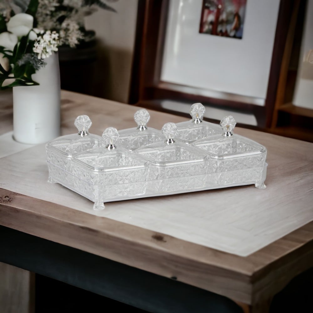 مجموعة تقديم للمكسرات و الحلويات أكريليك شفاف من سوليتير , مربع الحجم , مكون من 6 قطع , الطول 17 سم , العرض 27 سم