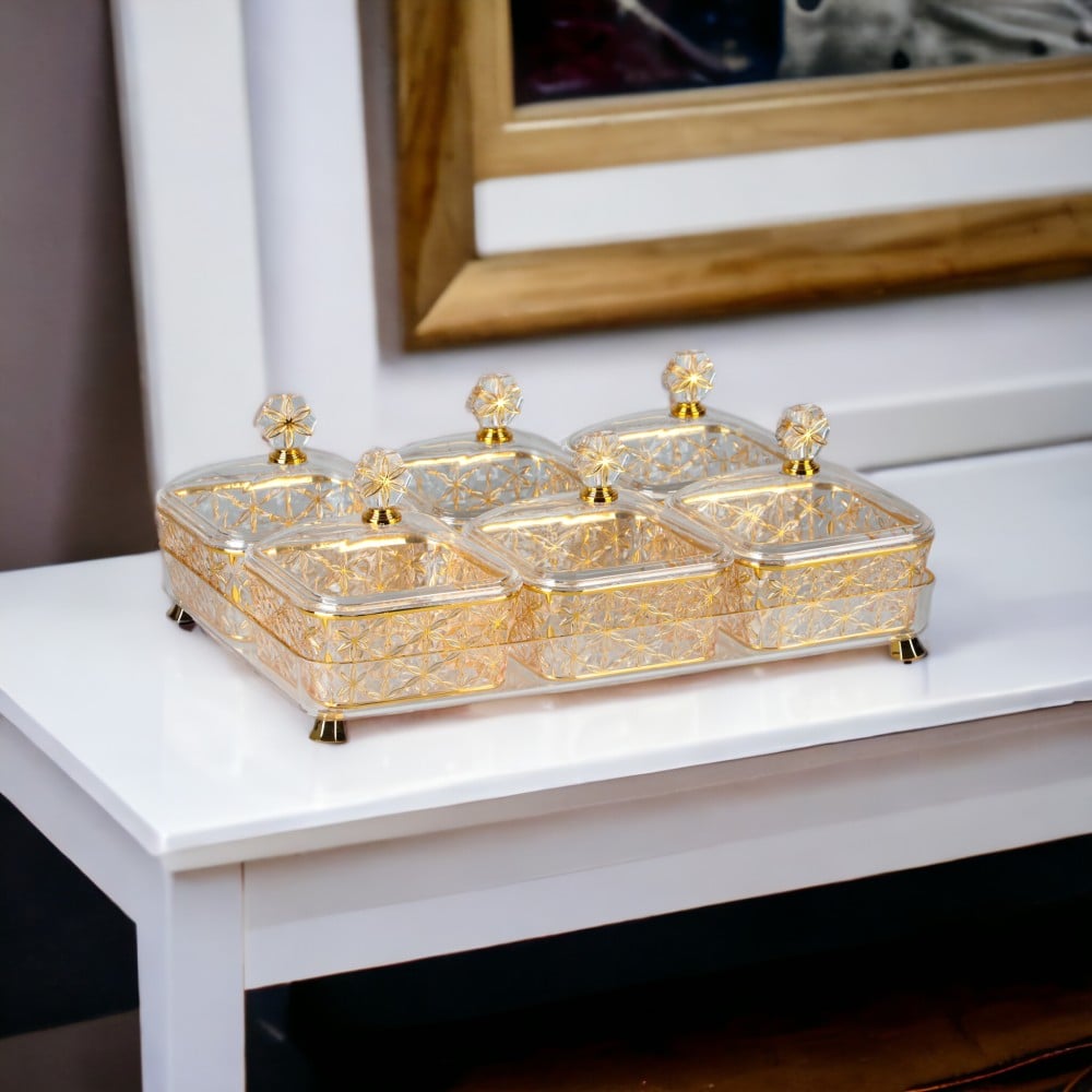 مجموعة تقديم  للمكسرات و الحلويات أكريليك من سوليتير , مربع حجم , مكون من 6 قطع , اللون شفاف ذهبي , الطول 17 سم , العرض 27 سم
