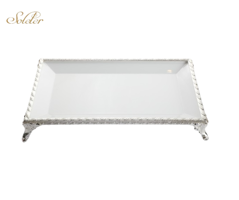 صحن تقديم فاخر مستطيل 41x20حجم كبير مطلي بأطراف لون  فضي