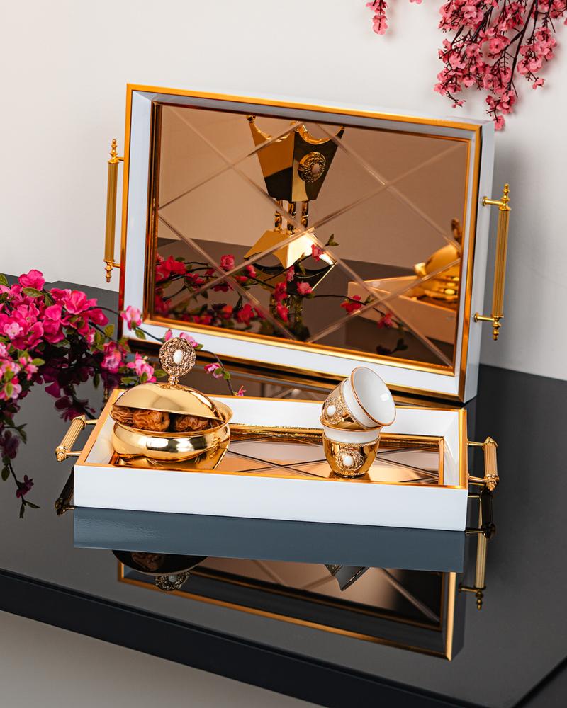 صينية خشبية بقاعدة عاكسة ، أبيض ذهبي حجم  صغير, الأبعاد 36x23 سم