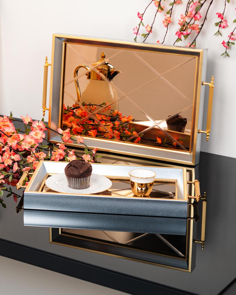 صينية   الخشبية الفاخرة حجم كبير  فضي ذهبي, الأبعاد 31x44 سم