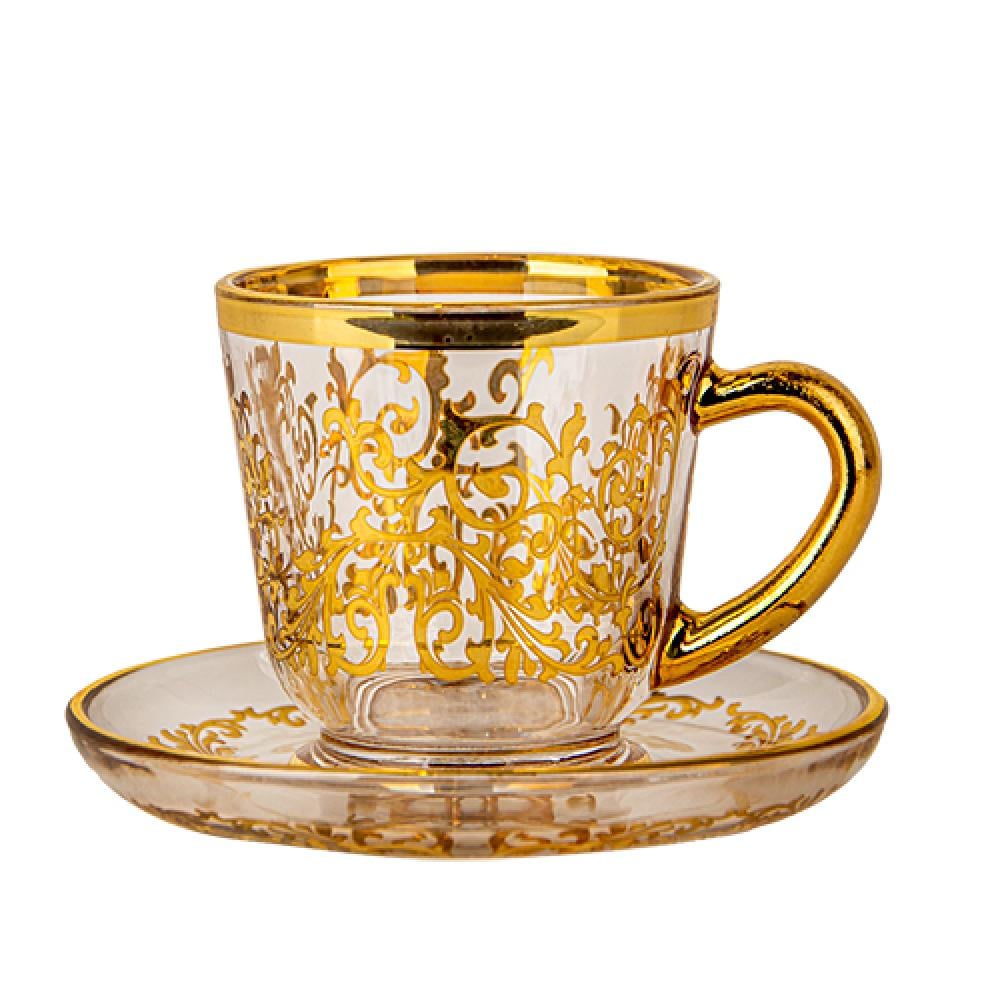 طقم بيالات شاي وصحون فاخرة  نقوش ذهبي من سوليتير ، الحجم صغير عدد القطع  6 بيالات وصحون
