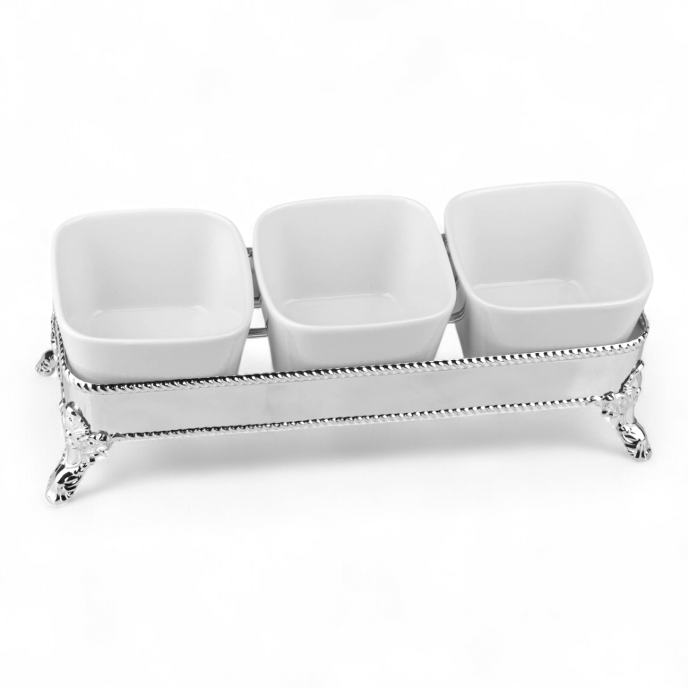 طقم ضيافة ميار من سوليتير, لون فضي وأبيض, مكون من 3 صحون وحامل