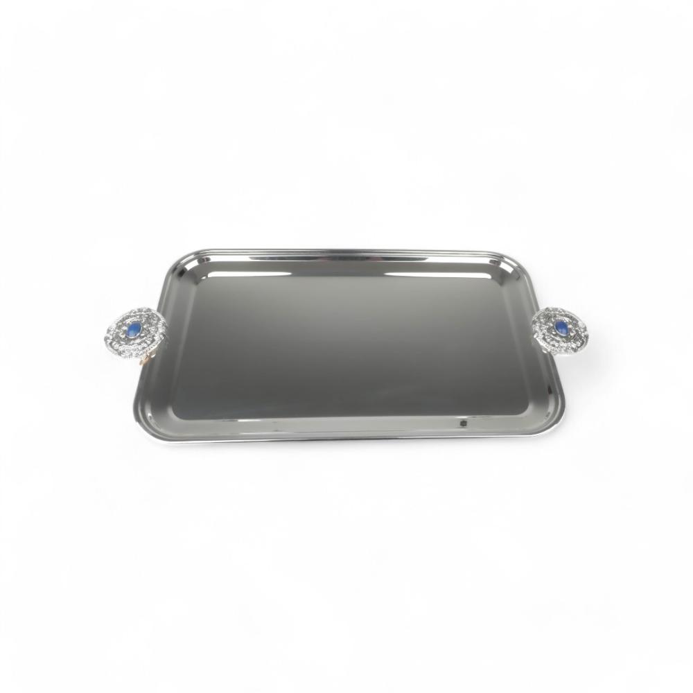 صينية تقديم كوين من سوليتير، لون فضي وأزرق، الطول 65سم العرض 32.5سم