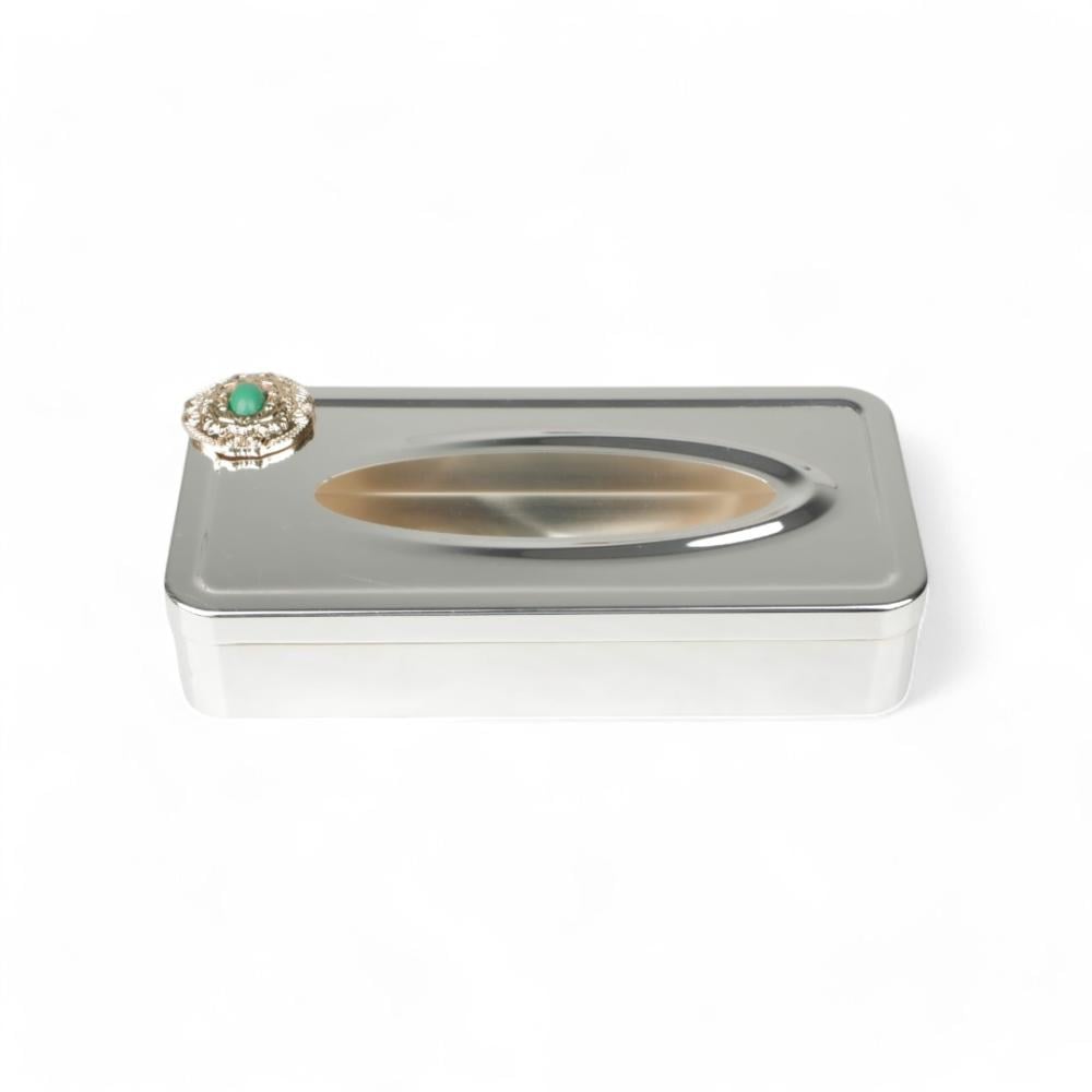 علبة مناديل كوين من سوليتير، اللون فضي ذهبي & أخضر, الطول 26سم, العرض 13سم, الارتفاع 6سم