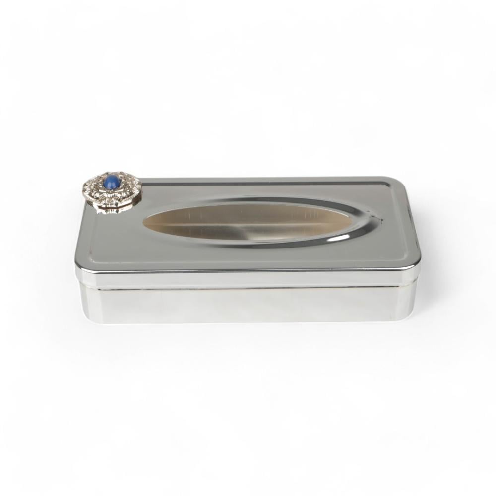 علبة مناديل كوين من سوليتير، اللون فضي ذهبي & أزرق, الطول 26سم, العرض 13سم, الارتفاع 6سم