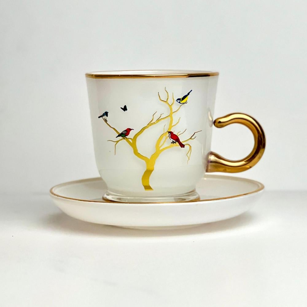 طقم بيالات شاي قصيرة وصحون، بيرد من سولتير بنقشة أبيض ذهبي