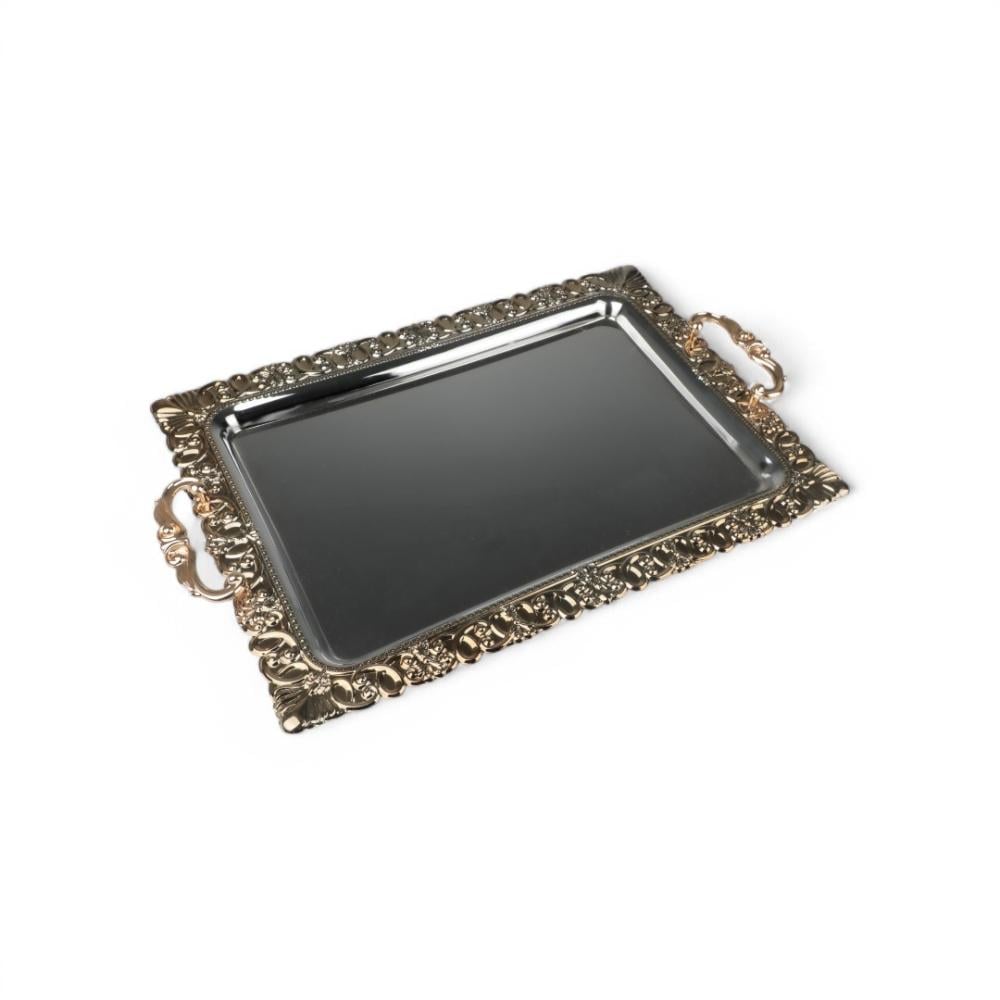 صينية تقديم معدنية من سوليتير, لون فضي وذهبي, حجم كبير مستطيل