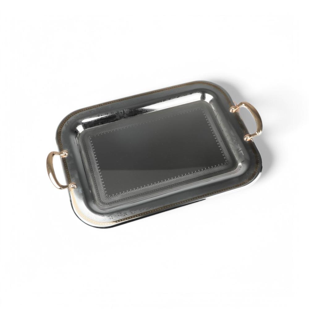 صينية تقديم معدنية من سوليتير, لون فضي وذهبي, حجم كبير مستطيل