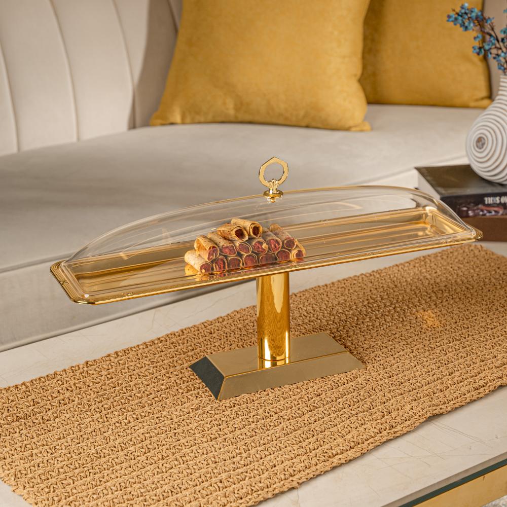 صحن كيك فوبي مع قاعدة بغطاء أكريليك من سوليتير، اللون ذهبي، الحجم صغير، الشكل مستطيل