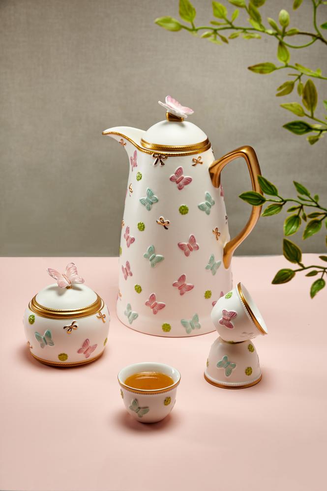 ترمس الفراشة  أبيض ذهبي  , بورسلان 1 لتر